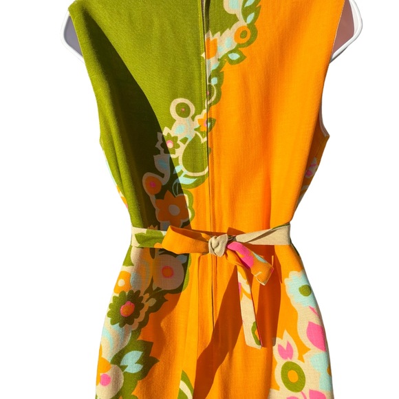 Vintage 60s Mod Floral Woven Shift Sheath Dress Tan Orange Green Pink - Picture 8 of 16